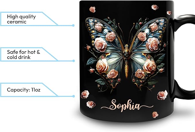 Hyturtle Personalized Butterfly 2D Print Mug - Butterfly Gifts For Women Lovers - Animal Gift For Bird Lover Her - Bird Gifts For Mom on Mother Day - Custom Name Coffee Cup Ceramic Mug 11 Oz 15 Oz