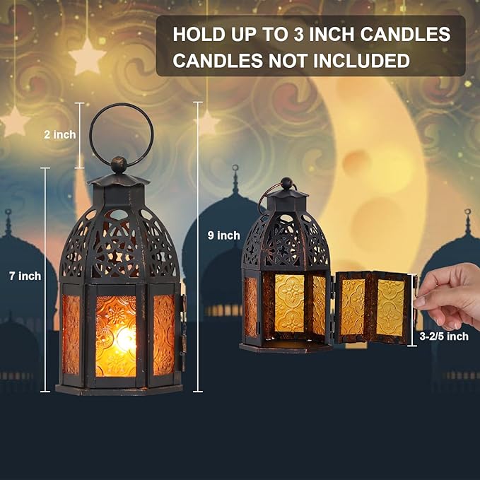 NEEDOMO Set of 4 Moroccan Candle Lantern, 9" Ramadan Lanterns Decorative Indoor Outdoor, Vintage Candle Holder for Chritsmas, Halloween, Table, Patio, Porch, Shelf, Ramadan Decorations (Amber)