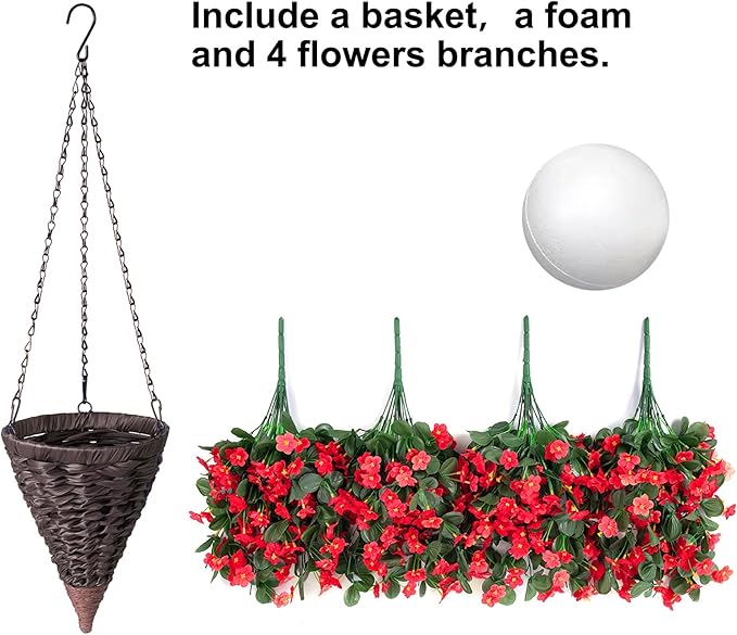 Artificial Fake Red Hanging Flowers Plants Basket for Outdoor Outside Winter Christmas Decor, Faux Silk Look Real UV Resistant Orchid for Fall Porch Garden Yard Patio Home