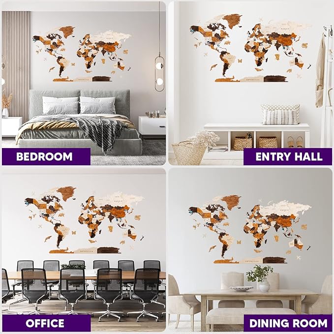 HYPERI Multilayered 3D Wooden World Map Wall Decor, Wood Art Wall Decor, Mapa Mundi Para Pared, World Maps and Push Pins, Valentine's Day Gifts For Dad, Mom, Boss, Husband, Wife (Large)