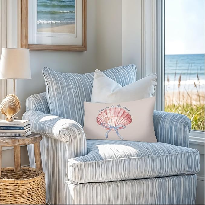 Coastal Girly Room Decor Aesthetic 12x20 Pillow Cover, Take Me to The Ocean Coquette Bow Seashell Decorative Lumbar Pillow Covers for Girls Bedroom College Dorm Sofa Couch