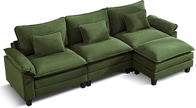 URRED Modular Sectional Sofa Comfy Cloud Couch, Modern Corduroy Sofa Sleeper Deep Seat Couches with Ottoman/Pillows for Living Room (Green, 117''- L Shape)