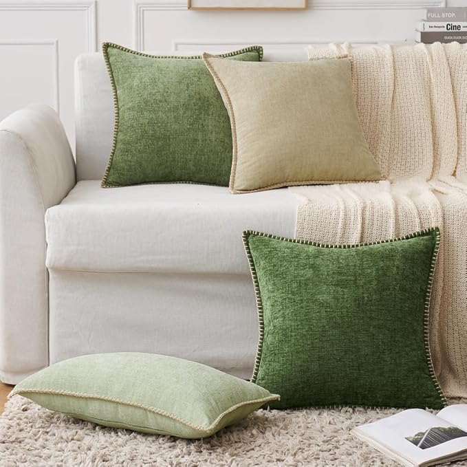 MIULEE Pack of 2 Couch Throw Pillow Covers 24x24 Inch Light Green Farmhouse Decorative Pillow Covers with Stitched Edge Soft Chenille Solid Dyed Spring Pillow Covers for Sofa Bed Living Room