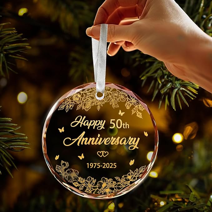 50th Wedding Anniversary Ornament, 50th Anniversary Wedding Gift, 50 Years As Mr. & Mrs. Gift for 50 Years Couple Husband Wife Married Parents Grandparents Friends 2025 - Glass Ornament 3"