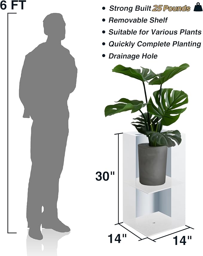 Metallic Heavy Tall Outdoor/Indoor Planter Box, Seamless Metal Planter, Rectangular, 14”Lx14”Wx30”H, ‎25 Pounds Each, Pure White, No Assembly and Seamless, Set of 2