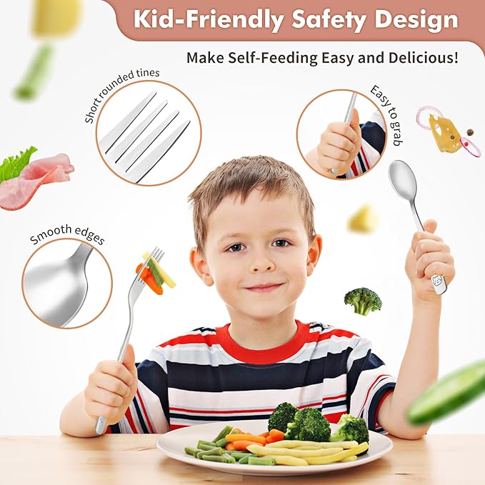 DRKIO Stainless Steel Toddler Utensils Set - 6 Pieces Kids Silverware Set Children Safe Food Grade Small Forks and Spoons Dishwasher Safe Mirror Polished