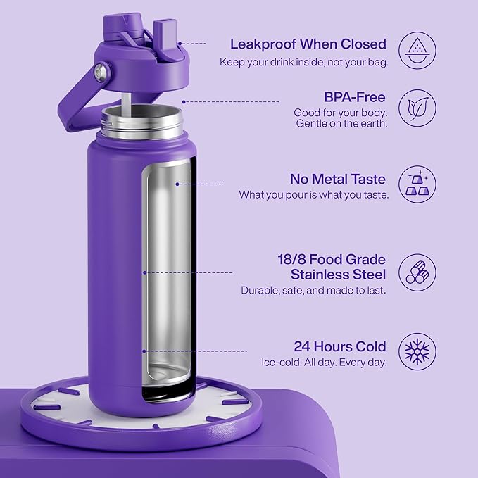 Insulated Water Bottle with Straw Stainless Steel Water Bottle, Leak-Proof, BPA-Free, Double Wall Vacuum Keeps Cold for 24 Hours for Sports, Travel, School (32 oz, Violet)