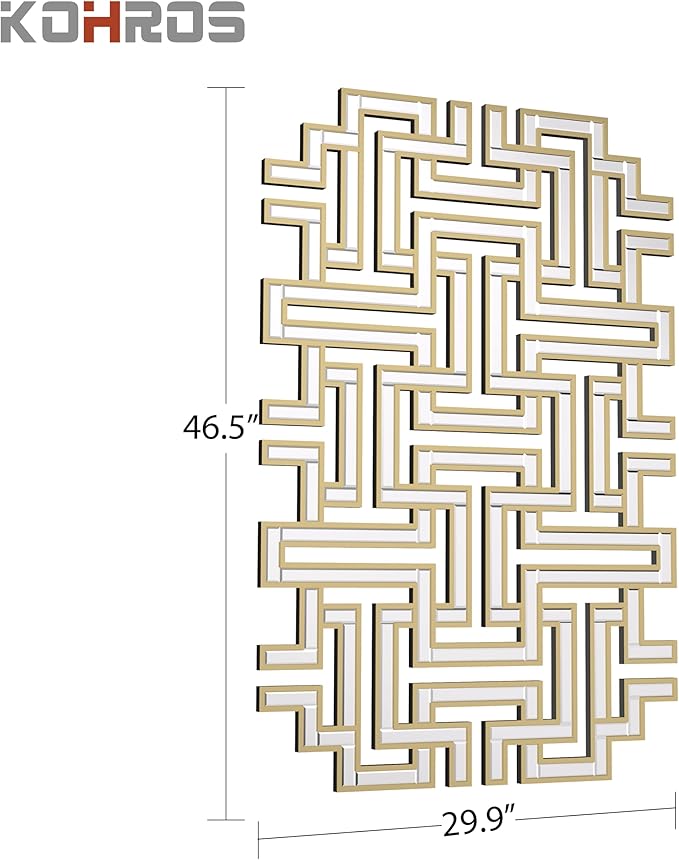 KOHROS Large Modern Gold Wall Mirror - 46.5"x30" Geometric Maze Design Decorative Mirror for Home Decor Living Room Entryway Hallway Farmhouse, Mirrors for Wall Decor
