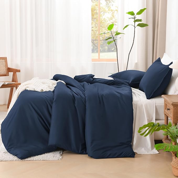 Litanika Navy Blue Comforter Full Size Set, 3 Pieces Lightweight Solid Bedding Comforter Set, All Season Fluffy Bed Set