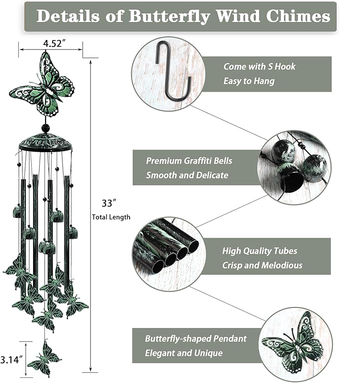 Wind Chimes for Outside, 33" Butterfly Wind Chimes Outdoor, Gifts for Women Mom Grandma Birthday, Gift for Garden Porch Patio Home Decor (Green)