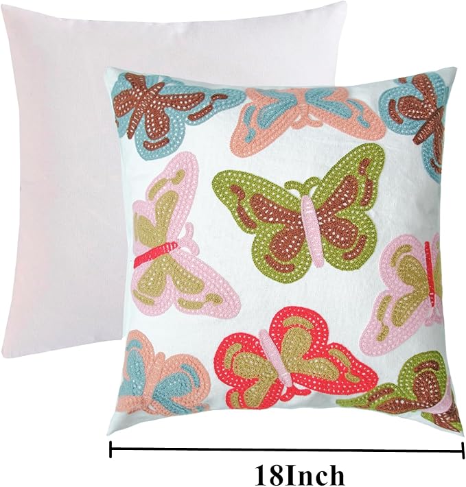 Embroidered Decorative Throw Pillow Cover, 18"x18" Set of 2, Farmhouse Pillowcase Colorful Butterfly Knit Pattern Cotton Canvas Cushion Case Square Floral Pillow Case for Sofa Couch Bed Living Room