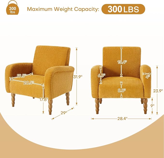 Chenille Fabric Accent Chair, Upholstered Armchair with Solid Wood Legs, Modern Living Room Accent Chair, Comfy Single Sofa Chair Reading Club Chair for Bedroom Reception Lounge, Yellow