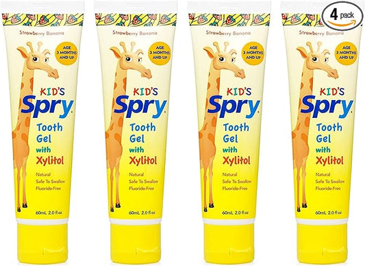 Spry Natural Xylitol Toothpaste for Baby, Toddler and Kids Age 3 Months and Up - Fluoride Free Tooth Gel, Tasty, Support Development of Emerging Teeth, Strawberry Banana 2 Fl Oz (Pack of 4)