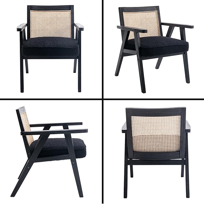 Accent Rattan Chair, Faux Fur Upholstered Living Room Chairs with Cane Back, Retro Mid Century Modern Cane Chair Armchair for Reception Reading Indoor Outdoor, Black