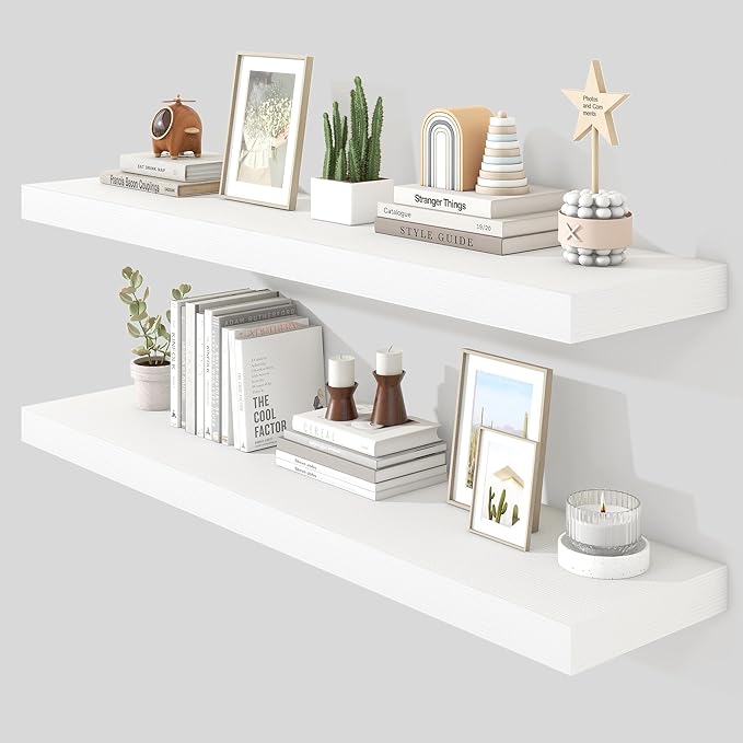 Heimlove 48" White Floating Shelves for Wall,10 Deep Rustic Wood Display & Storage Wall Shelves with Heavy Duty Brackets for Bathroom,Bedroom,Kitchen,Living Room,Office,Set of 2