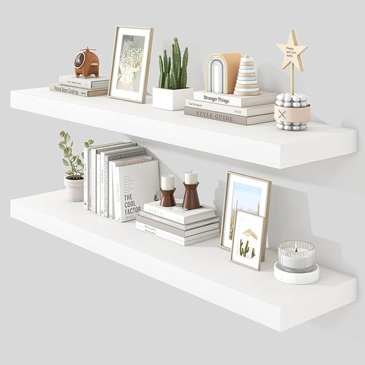 Heimlove 48" White Floating Shelves for Wall,10 Deep Rustic Wood Display & Storage Wall Shelves with Heavy Duty Brackets for Bathroom,Bedroom,Kitchen,Living Room,Office,Set of 2