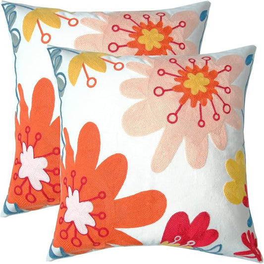 Embroidered Decorative Throw Pillow Cover, 18"x18" Set of 2, Farmhouse Pillowcase Pink Red Flower Knit Pattern Cotton Canvas Cushion Case Square Floral Pillow Case for Sofa Couch Bed Living Room…
