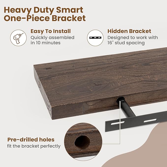 Floating Shelves for Wall Decor, 8 Inch Deep Rustic Solid Elm Wood Floating Shelves Wall Mounted, Wall Shelves with Invisible Bracket for Living Room Bathroom Bedroom Kitchen, 72 Inch Set of 1, Walnut