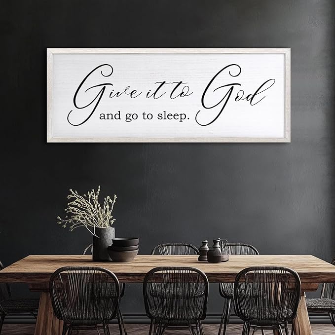 Give It To God And Go To Sleep Sign Wall Decor 40x15 Inch Large Farmhouse Master Bedroom Above Bed Hanging Wall Art Rustic Guest Room Wood Framed Over Bed Wall Decoration (White)