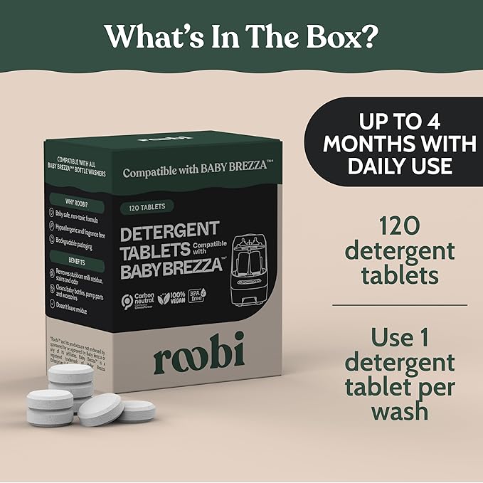 Roobi Detergent Tablets Compatible with Baby Brezza Bottle Washer Pro. Removes Milk Residue & Odor, Hypoallergenic Carbon Neutral Formula. 120 Count.
