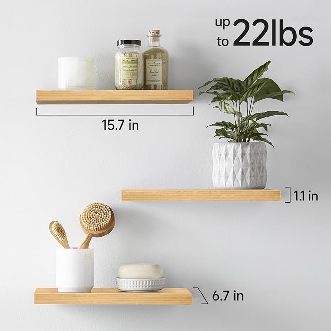 BAYKA Floating Shelves for Wall, Wall Mounted Rustic Wood Shelves for Bathroom, Bedroom, Living Room, Kitchen,Small Hanging Shelf for Books/Storage/Room Decor (Oak-Toned, Set of 3, 15.7in)