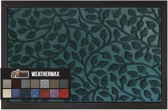 GORILLA GRIP 100% Waterproof All-Season WeatherMax Doormat, 47x35, US Designed Natural Rubber, Stain and Fade Resistant, Low Profile Indoor Outdoor Door Mats, Easy Clean Patio Mat, Moss Vine Leaves