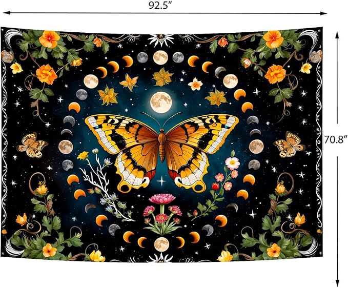 Delur Butterfly Moon Flower Tapestry Botanical Floral Plant Boho Tapestry Wall Hanging Mandala Aesthetic Mushroom Retro Vintage Headboard for Bedroom Living Room Home Decor (70.8" x 92.5")