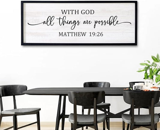With God All Things are Possible Framed Wall Art, 40''×15'' Positive Holy Religious Rustic Bible Verse for Christian God Jesus Christ Prayer, Vintage Horizontal Inspirational Catholic Scripture Decor