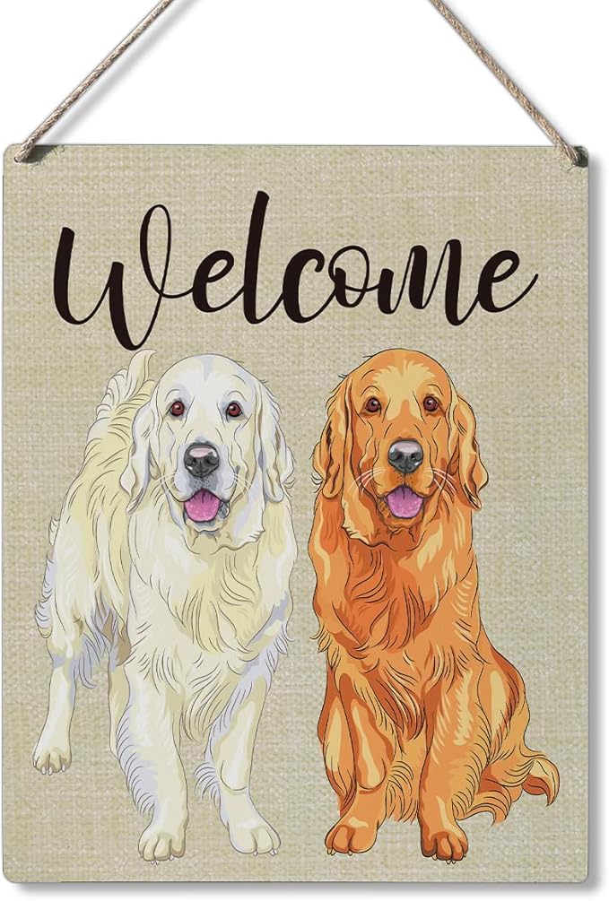 Qious Welcome Sign Gift Farmhouse Welcome Golden Retriever Wooden Hanging Sign Plaque Modern Wall Art Decor for Home Decoration 10 x 8 Inches