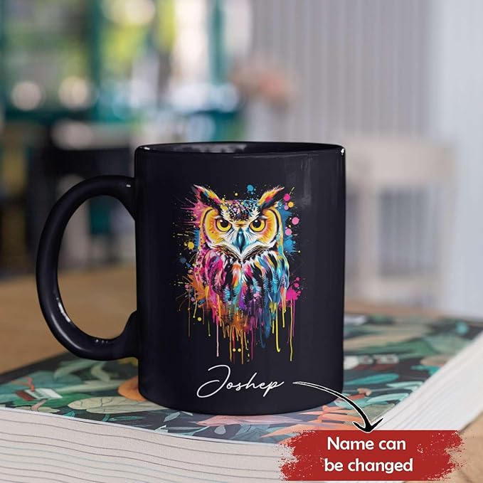 Personalized Name Owl Animal Coffee Mug, Custom Owl Black Cup, Gift For Men Women, Unique Colorful Owl Mug, Animal Cup For Owl Lovers, Customized Owl Ceramic Mug 11oz 15oz, Owl Cup