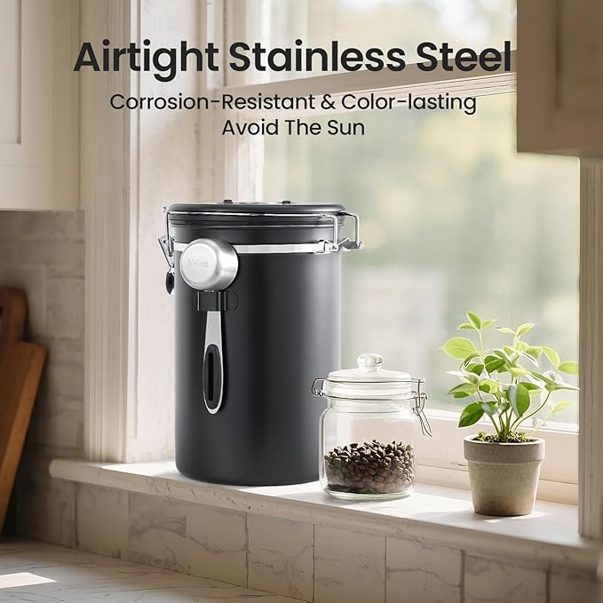 Veken Coffee Canister, 39OZ Large, Airtight Stainless Steel Food Storage Container for 2.2lbs Coffee Beans, Ground, Sugar, Tea, Flour, Rice, Cereal, Cookies Jars, Bar Accessories & Gifts, Black