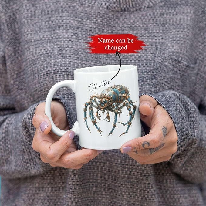 Personalized Steampunk Insect Mug, Customizable Name Mechanical Character Coffee Cup 11oz, Unique Cyberpunk Design Ceramic Mug, Customized White Cup Gift For Sci-Fi Enthusiasts