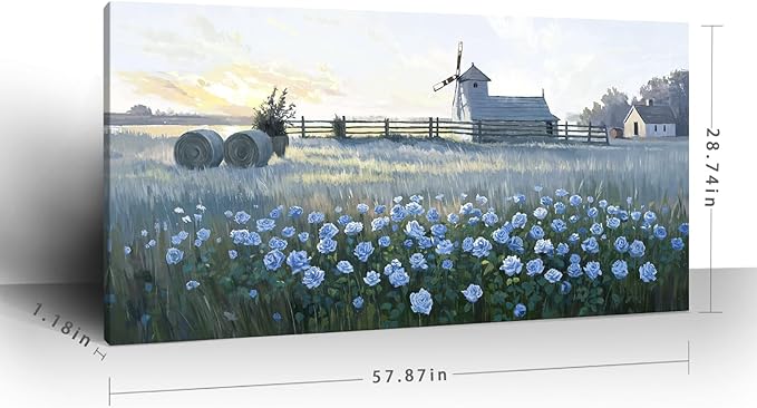 amatop Oversized Farmhouse Wall Art – Botanical Picture Flower Blue Rose & Windmill Countryside Scene Canvas Print, Large Floral Landscape Artwork Decor for Living Room Dining Room Hallway 58x29 Inch