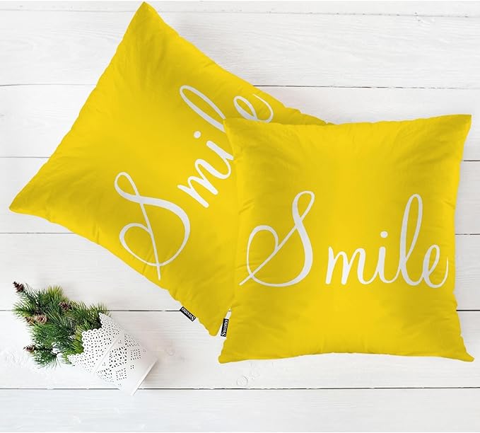 Swono Smile Decorative Throw Pillow Covers Pack of 2, Funny Word Pillow Cushion Cases 18"X18", Square Pillowcases Decoration for Sofa Couch Bedroom Living Room Car, Sunshine Yellow