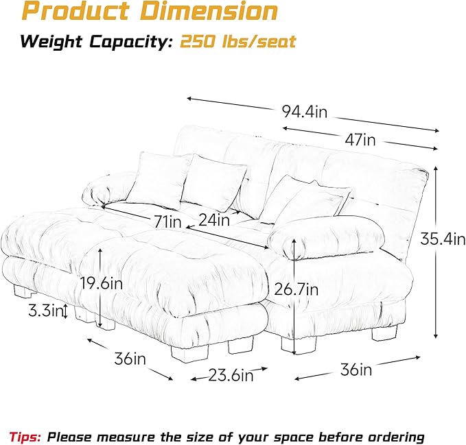 Loveseat Modular Sectional Sofa, U Shaped Couch with Ottoman, Cloud Couch Sectional Couch Home Sofa Living Room Oversized Couch Deep Seat Couch with Round Bolster Armrests 4 Pillows(White)