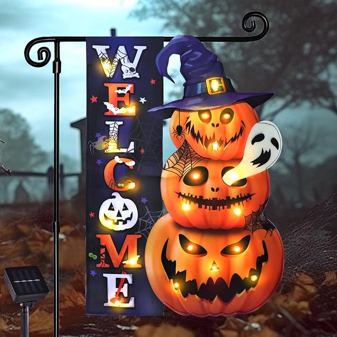 Halloween Lighted Garden Flag, Solar Yard Flag for Outside, 8 Modes Double Sided Welcome Halloween Pumpkin Outdoor Decorations for Home Porch (Pumpkin-12x18)