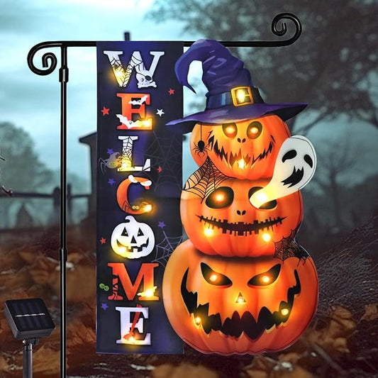 Halloween Lighted Garden Flag, Solar Yard Flag for Outside, 8 Modes Double Sided Welcome Halloween Pumpkin Outdoor Decorations for Home Porch (Pumpkin-12x18)