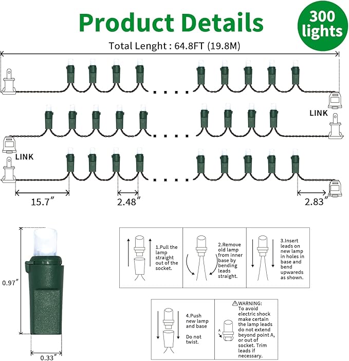 White Wide Angle LED Christmas Lights, 64.8 Ft 300 Count, Pack of 3 Strands 21.9 Ft 100 Lights UL Certified Commercial Grade Green Wire 5mm Holiday String Light