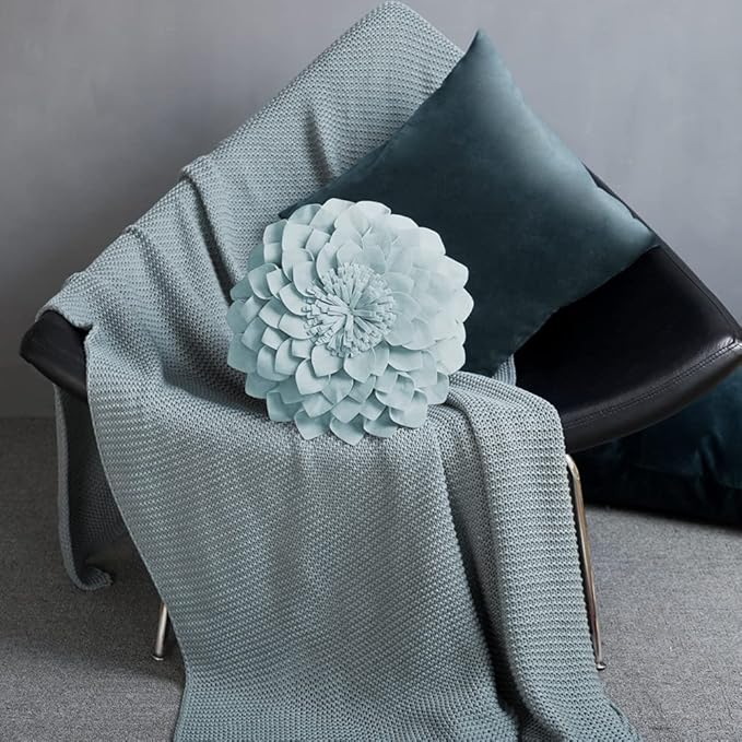 JWH Hand Crafted Flower Throw Pillow Covers Decorative 3D Shaped Cushion Velvet Accent Pillow Case Handmade Pillowcase Bed Bedroom Farmhouse Couch 14 Inch Light Blue