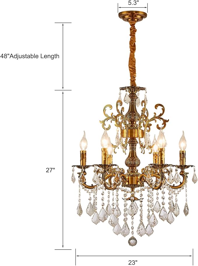 Vintage 6 Arms Crystal Chandelier Candle Light Fixture for Dining Room Living Room Bedroom Hallway Entryway Antique Gold Finish (23"-6 Lights)