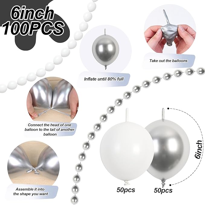 White and Silver Linking Balloons, 100PCS 6 Inch Small Metal Silver Quick Link Balloons for Making Balloon Wall Heart Arch Tails Balloon for Wedding Birthday Baby Shower Graduation Party Decorations