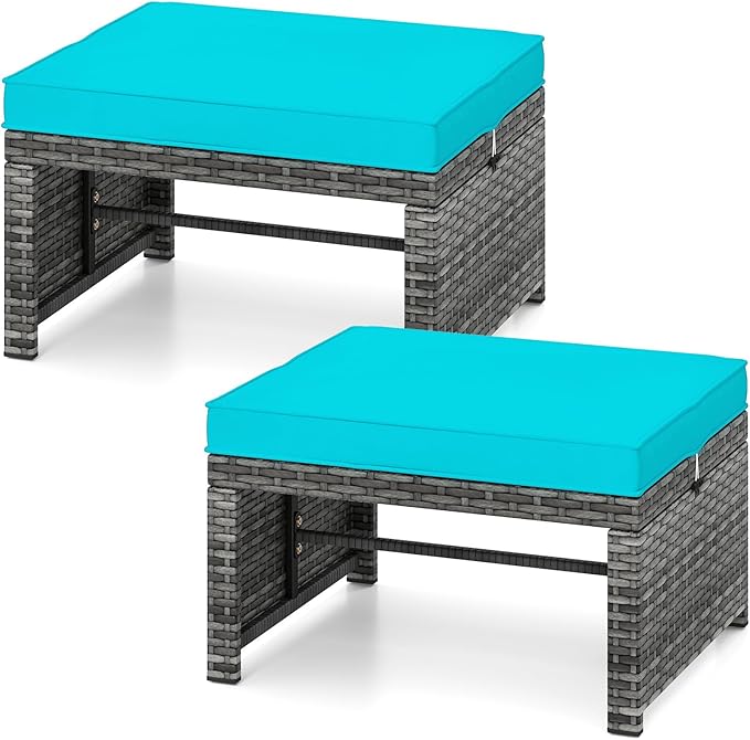 Tangkula 2 Pieces Patio PE Rattan Ottomans, Multipurpose Outdoor Footstool Footrest Additional Seating Side Table with Soft Zippered Cushions for Deck, Garden, and Yard (Turquoise)