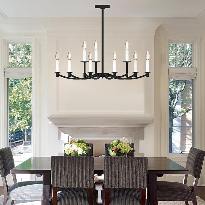 Round Black Chandeliers, Modern Candle Hanging Lights, LED Pendant Lighting Ceiling for Dining Room Bedroom Kitchen Island Farmhouse Living Room (Black-A 9Lights)