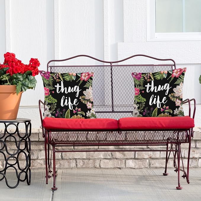 Swono Set of 2 Thug Life Pillow Covers 18 X 18 Inch, Tropical Flowers Rose Square Decorative Throw Pillow Covers for Sofa Couch Bed, Outdoor Indoor Pillowcase Cushion Cover
