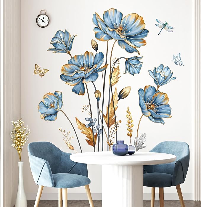 decalmile Large Blue Flower Wall Stickers Floral Butterfly Plants Gold Leaves Wall Decals Bedroom Living Room Sofa TV Background Wall Decor