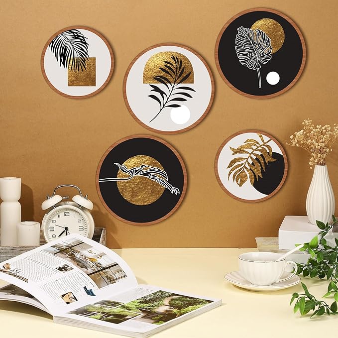 Qunclay 5 Pcs Wall Art Decor Wooden Living Room Wall Decor Bohemian Hanging Farmhouse Geometric 10'' and 8'' Aesthetic Wood Minimalist Posters for Bedroom(Rustic, Leaf)