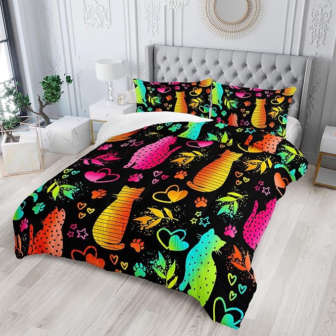 Kawaii Cat Animal Comforter 3Pcs Full Lovely Pet Cat Bedding Set for Kid Teen Girl Boy Adult Room Decor Cartoon Kitten Paw Heart Bamboo Leaf Pattern Quilt with 1 Comforter and 2 Pillowcases