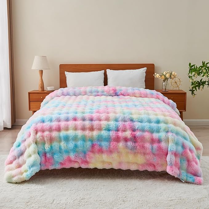 RYNGHIPY Faux Fur Throw Blanket Tie Dye Colorful Rainbow Blanket for Couch Plush Fluffy Faux Rabbit Fur Decoration Blanket for Sofa Chair Bed (Rainbow, 63''x79'')