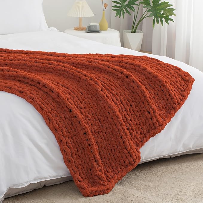 Chunky Knit Throw Blanket 60"X 80", 100% Handmade with Soft Chenille Yarn, 4.4lbs Thick Cable Knitted Blankets, Large Rope Knot Crochet Throws for Couch Sofa Bed Home Decor, Rust