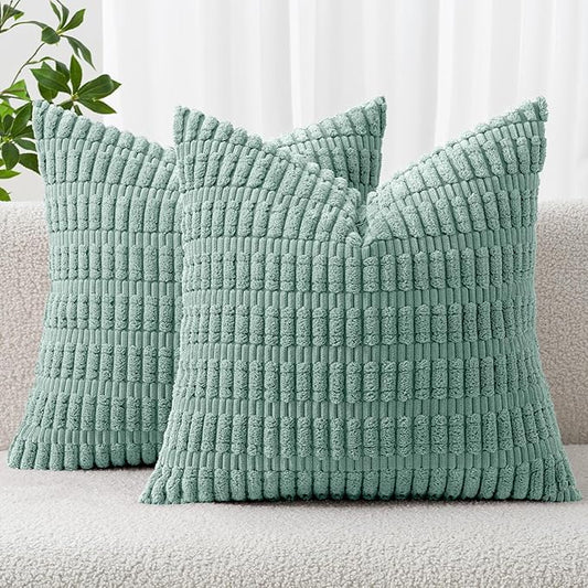 MIULEE Pack of 2 Corduroy Decorative Throw Pillow Covers 20x20 Inch Soft Boho Striped Pillow Covers Modern Farmhouse Home Decor for Summer Sofa Living Room Couch Bed Teal Green